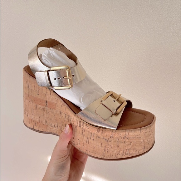 NWB Steve Madden River Wedge Metallic Gold Cork Platform Boho Sandals Size 9 - Picture 5 of 6